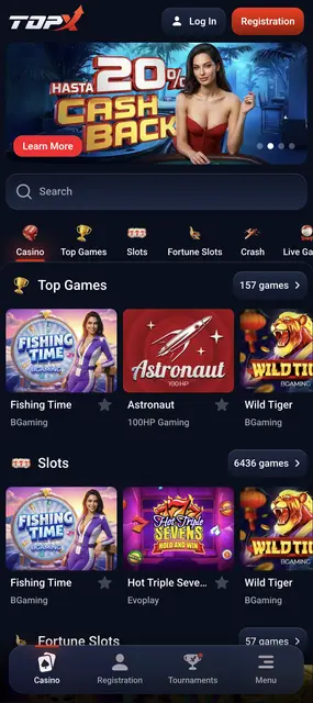 TopX en el móvil: inicio del casino con la oferta de cashback y los títulos destacados